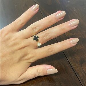 Gold Clover Open Ring with Black and White Accents - Women's Fashion Ring